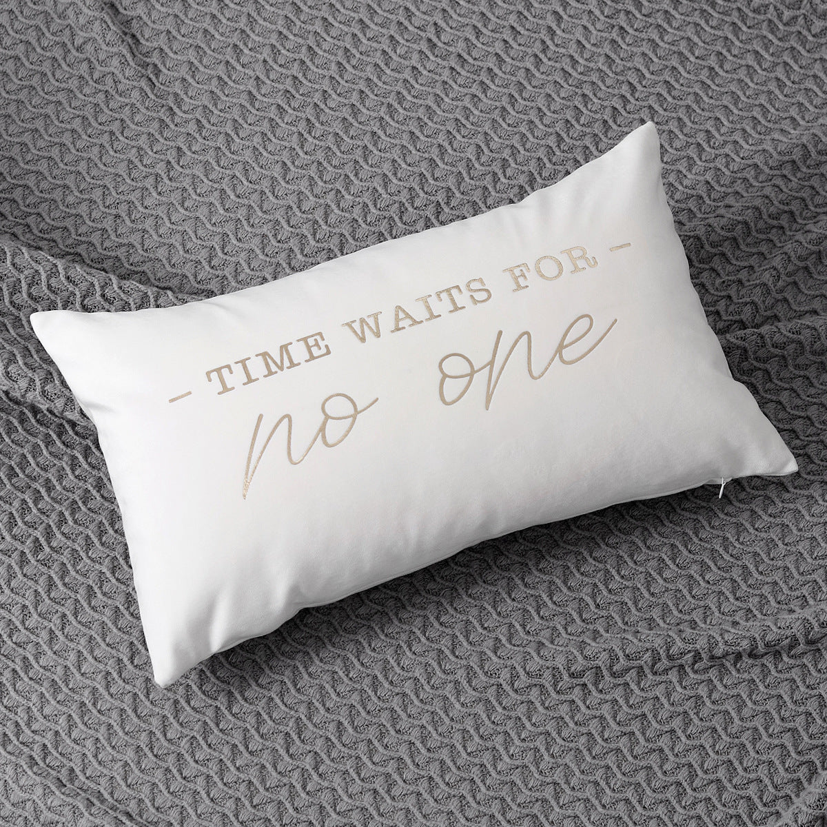 Lumbar Pillow Cover Embroidered Metallic Script Soft-Touch Hidden Zipper