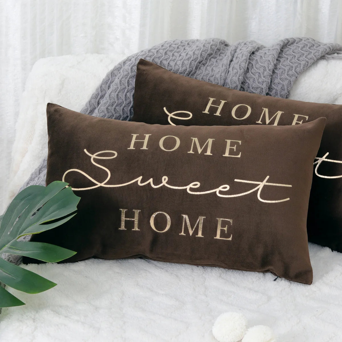 Lumbar Pillow Cover Embroidered Metallic Script Soft-Touch Hidden Zipper