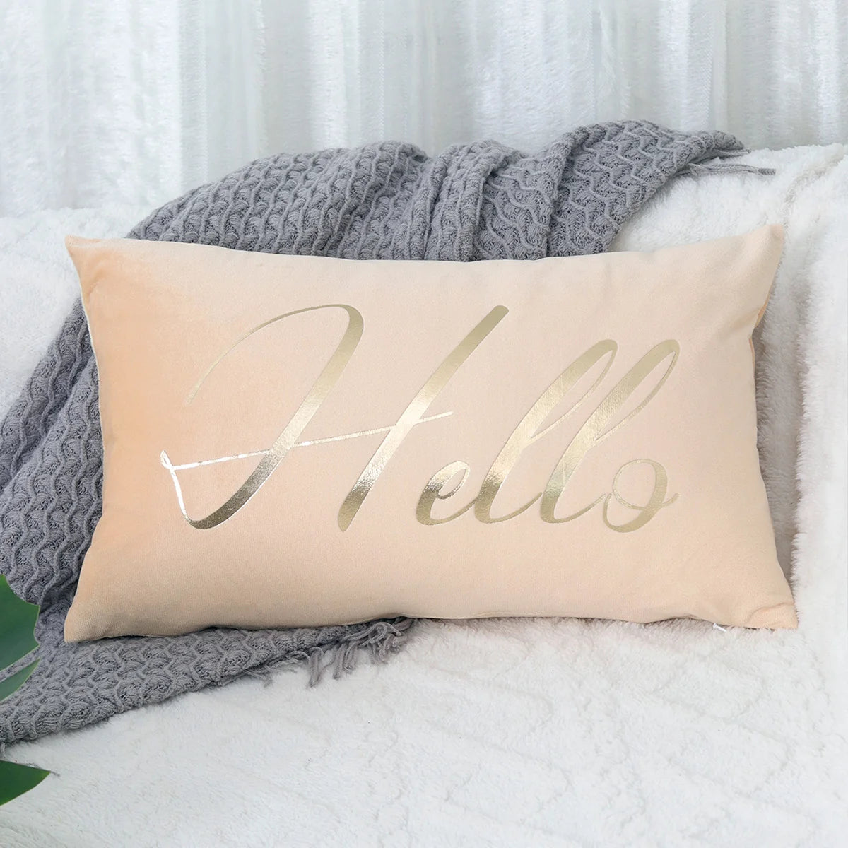 Lumbar Pillow Cover Embroidered Metallic Script Soft-Touch Hidden Zipper