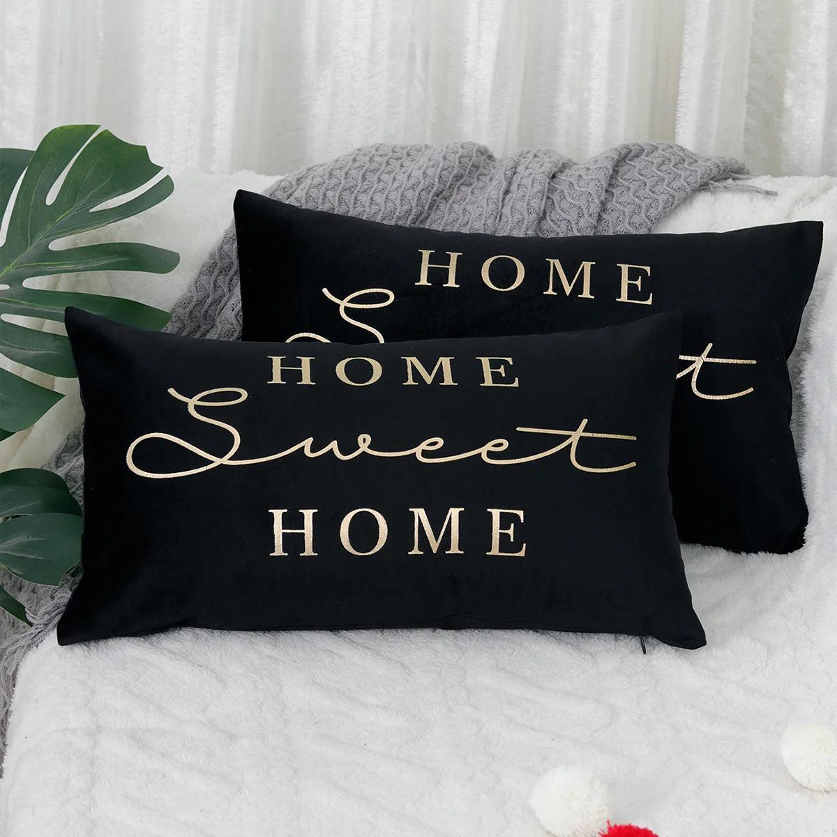 Lumbar Pillow Cover Embroidered Metallic Script Soft-Touch Hidden Zipper