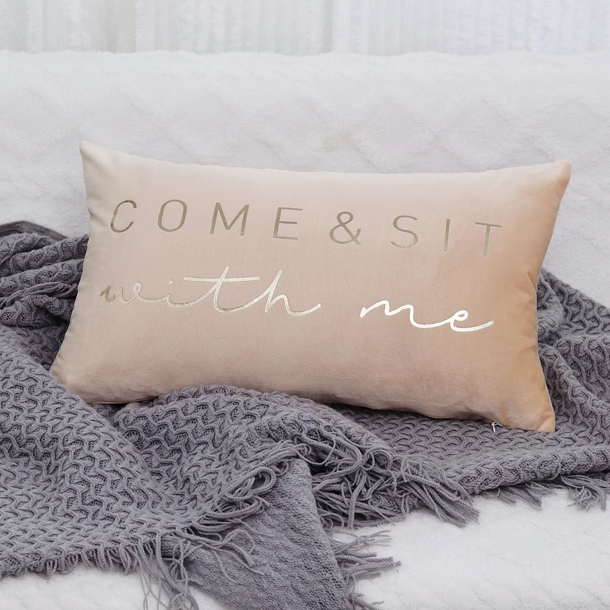 Lumbar Pillow Cover Embroidered Metallic Script Soft-Touch Hidden Zipper