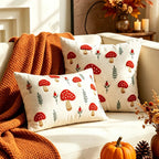 Lumbar Pillow Cover Embroidered Mushroom Linen-Cotton Blend
