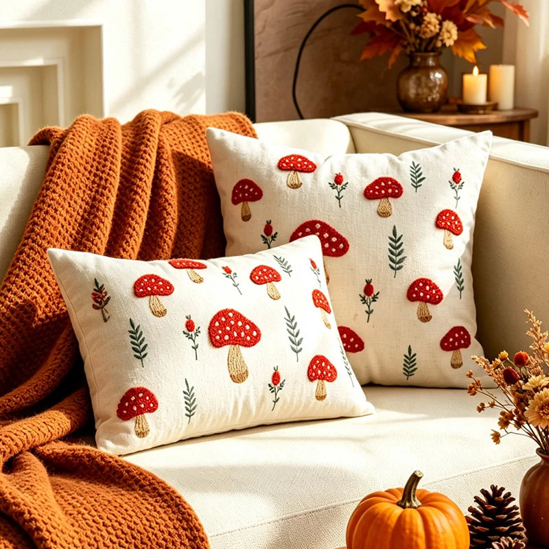 Lumbar Pillow Cover Embroidered Mushroom Linen-Cotton Blend