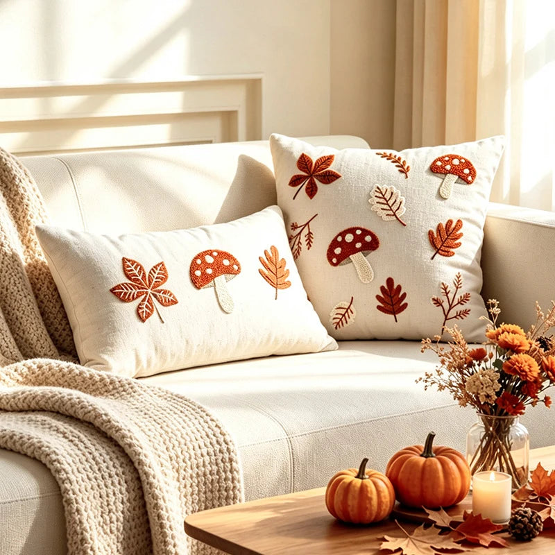 Lumbar Pillow Cover Embroidered Mushroom Linen-Cotton Blend