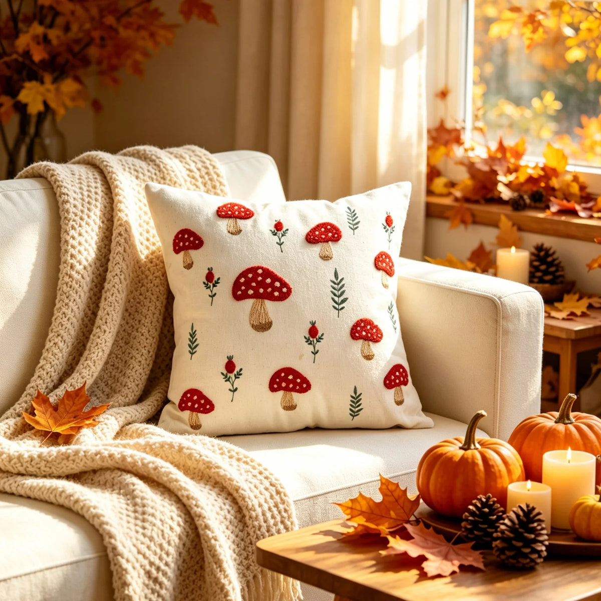 Lumbar Pillow Cover Embroidered Mushroom Linen-Cotton Blend