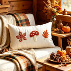 Lumbar Pillow Cover Embroidered Mushroom Linen-Cotton Blend