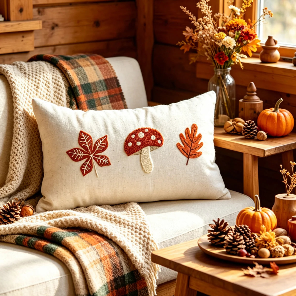 Lumbar Pillow Cover Embroidered Mushroom Linen-Cotton Blend