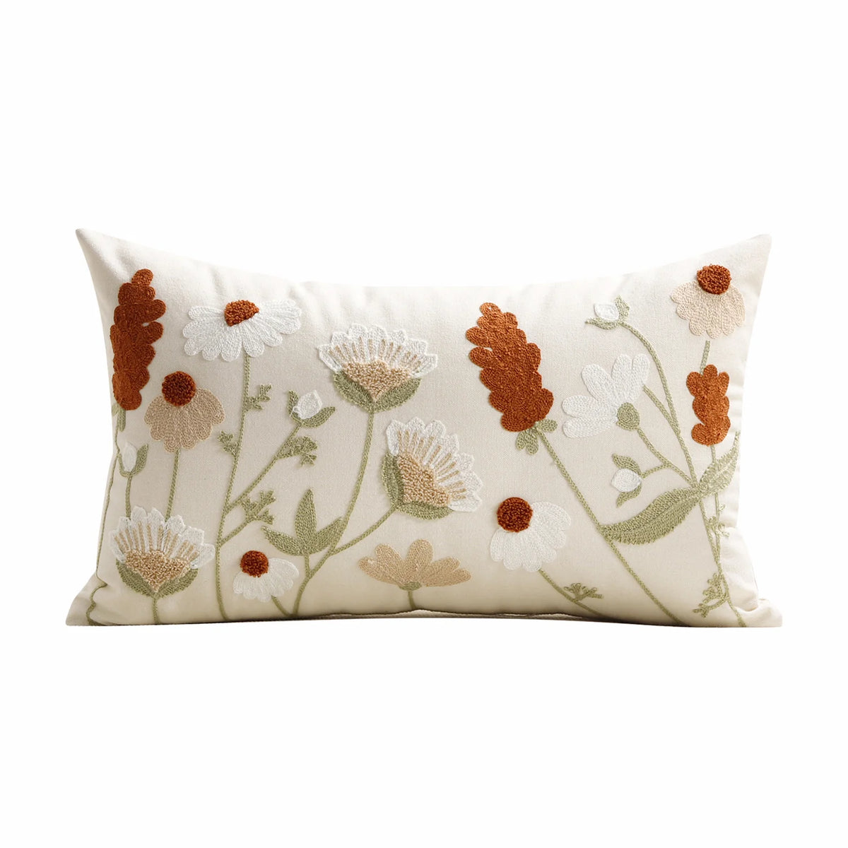 Lumbar Pillow Cover Hand-Embroidered Floral Chenille Cotton-Linen Hidden Zipper