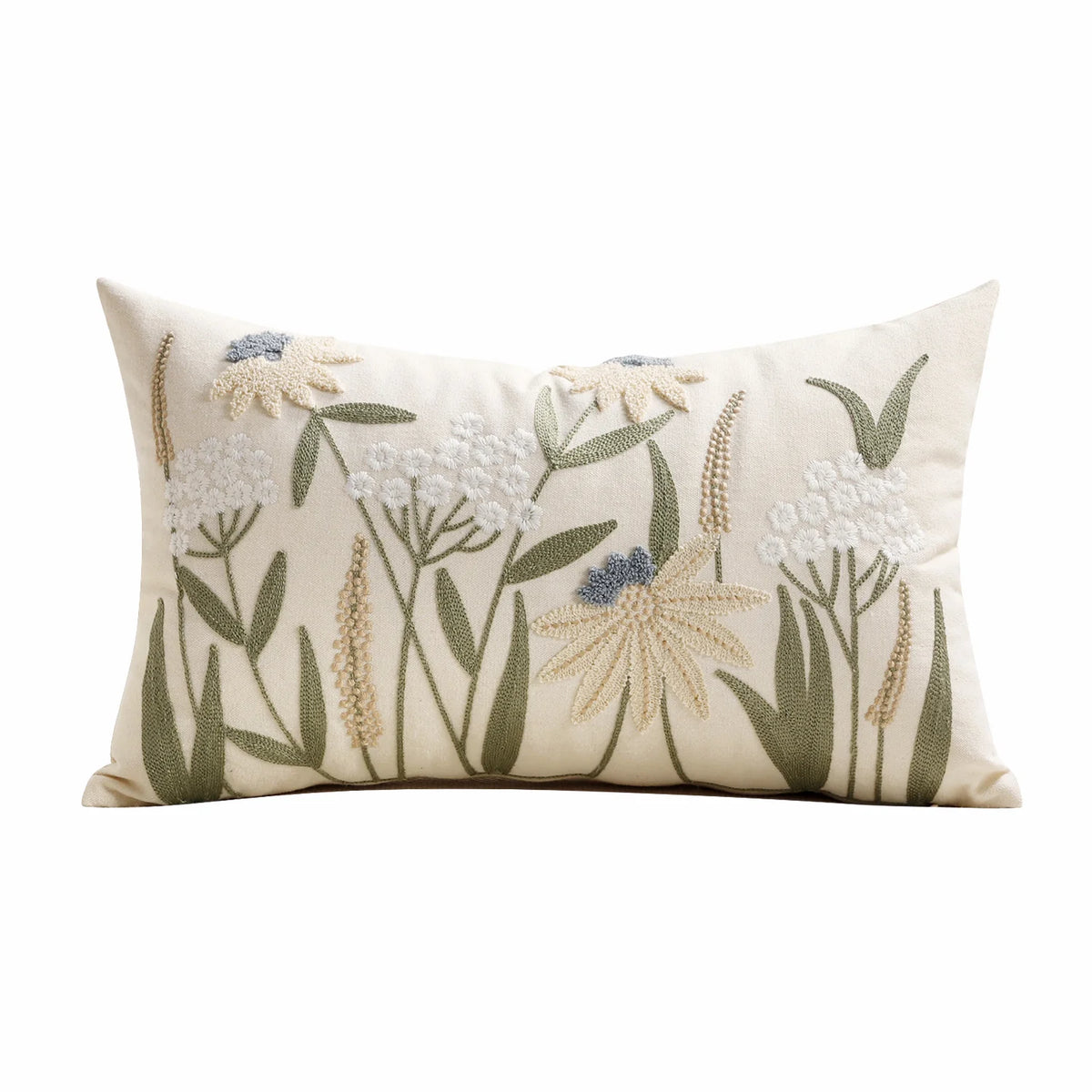 Lumbar Pillow Cover Hand-Embroidered Floral Chenille Cotton-Linen Hidden Zipper