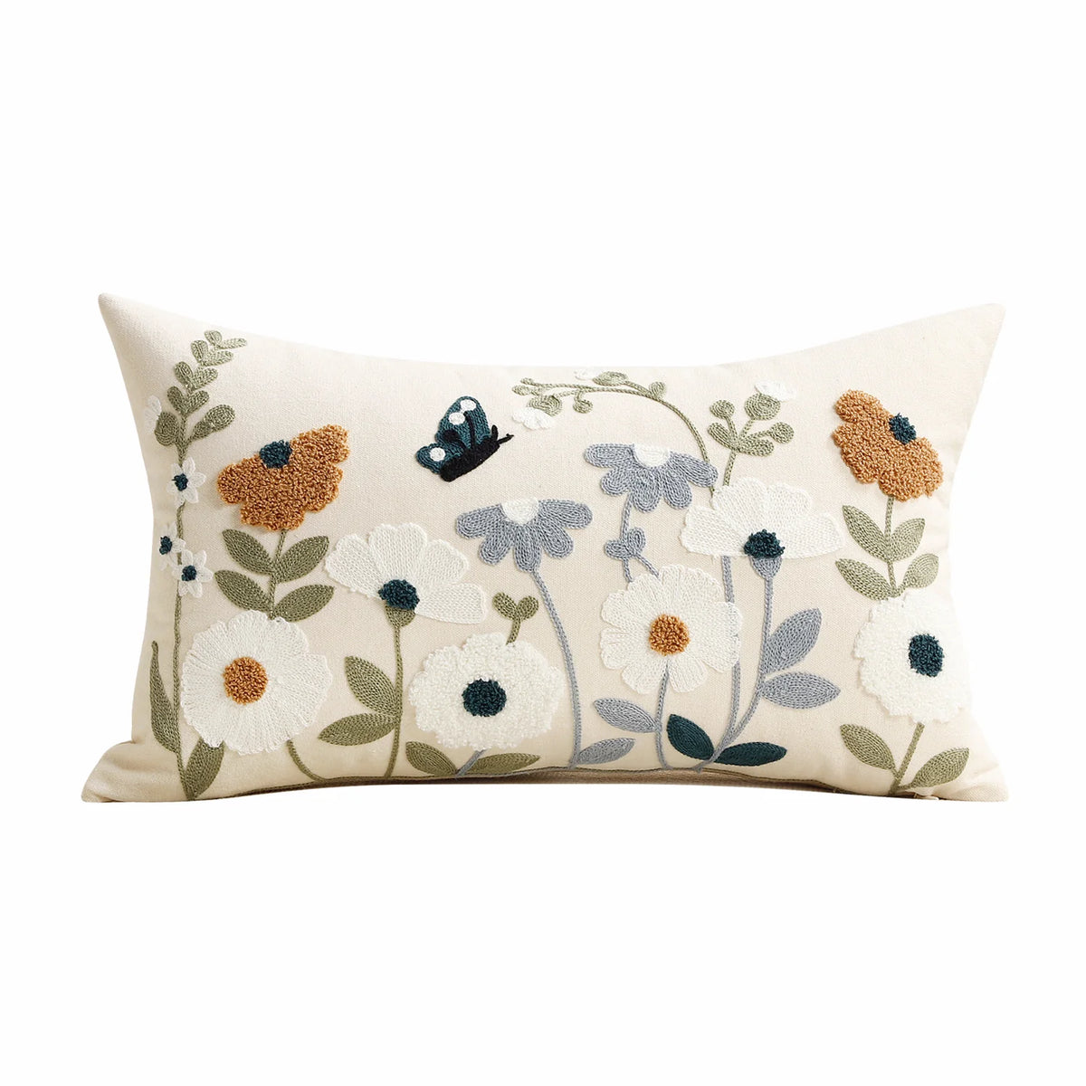 Lumbar Pillow Cover Hand-Embroidered Floral Chenille Cotton-Linen Hidden Zipper
