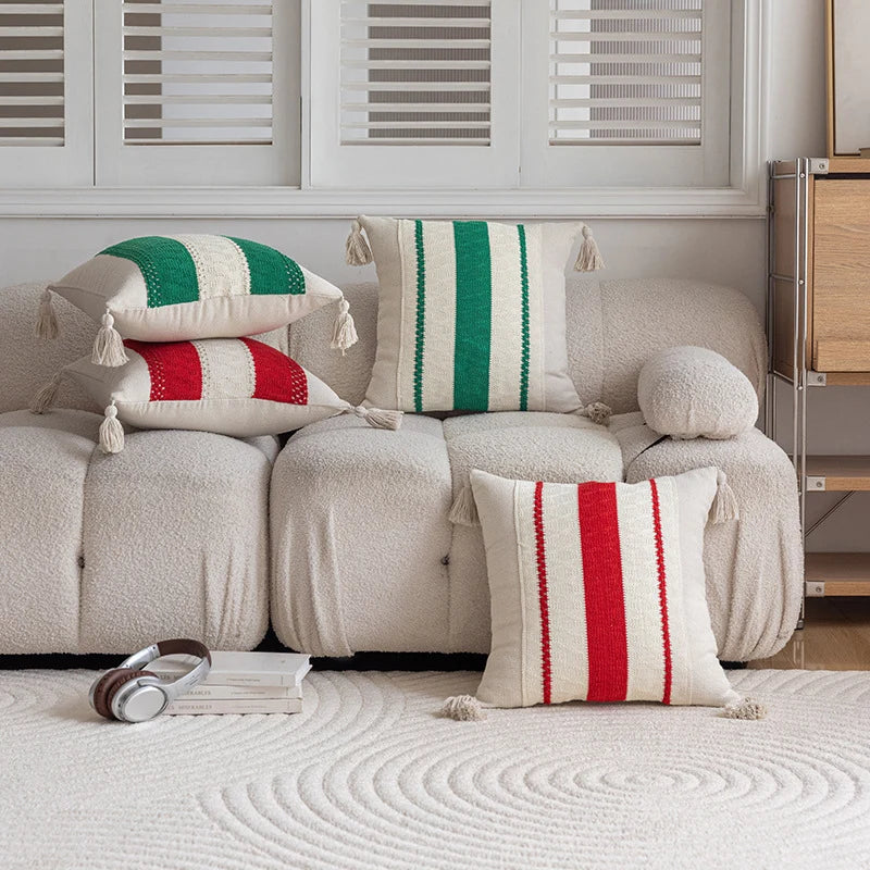 Lumbar Pillow Cover Handwoven Cotton Tassels Hidden Zipper
