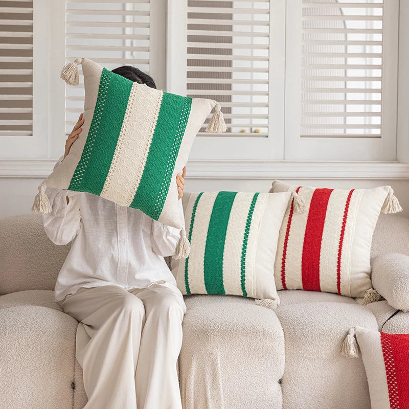 Lumbar Pillow Cover Handwoven Cotton Tassels Hidden Zipper