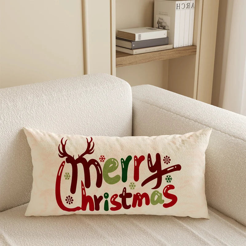 Lumbar Pillow Cover Microfiber Merry Christmas Print Hidden Zipper