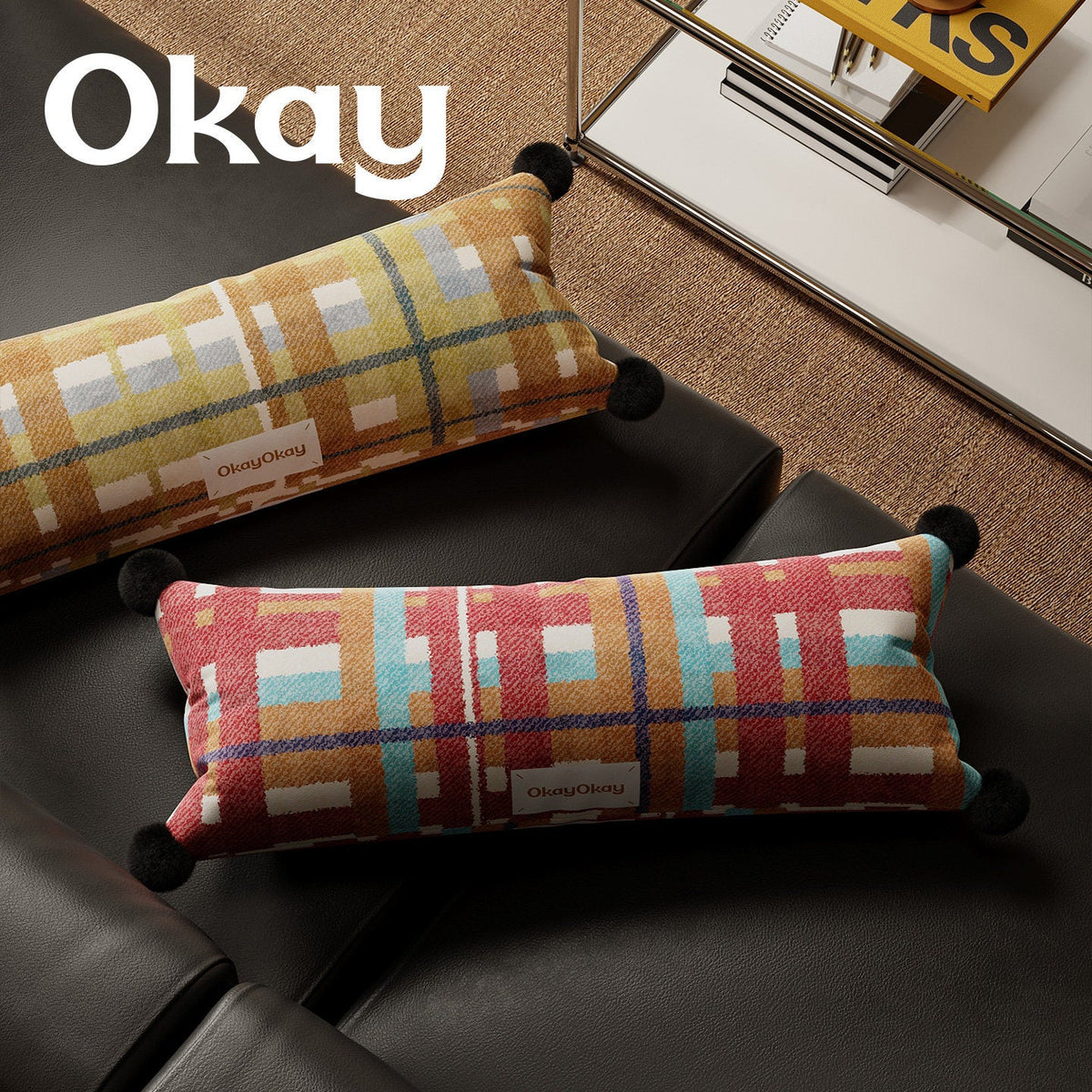 Lumbar Pillow Cover Plaid Woven Pom-Pom Hidden Zipper
