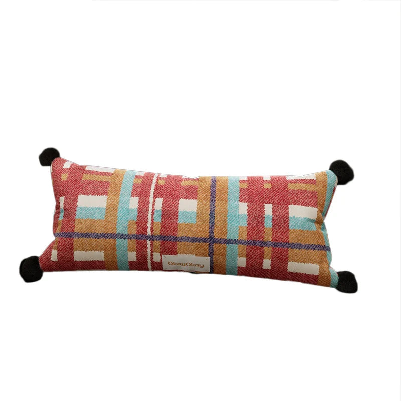 Lumbar Pillow Cover Plaid Woven Pom-Pom Hidden Zipper