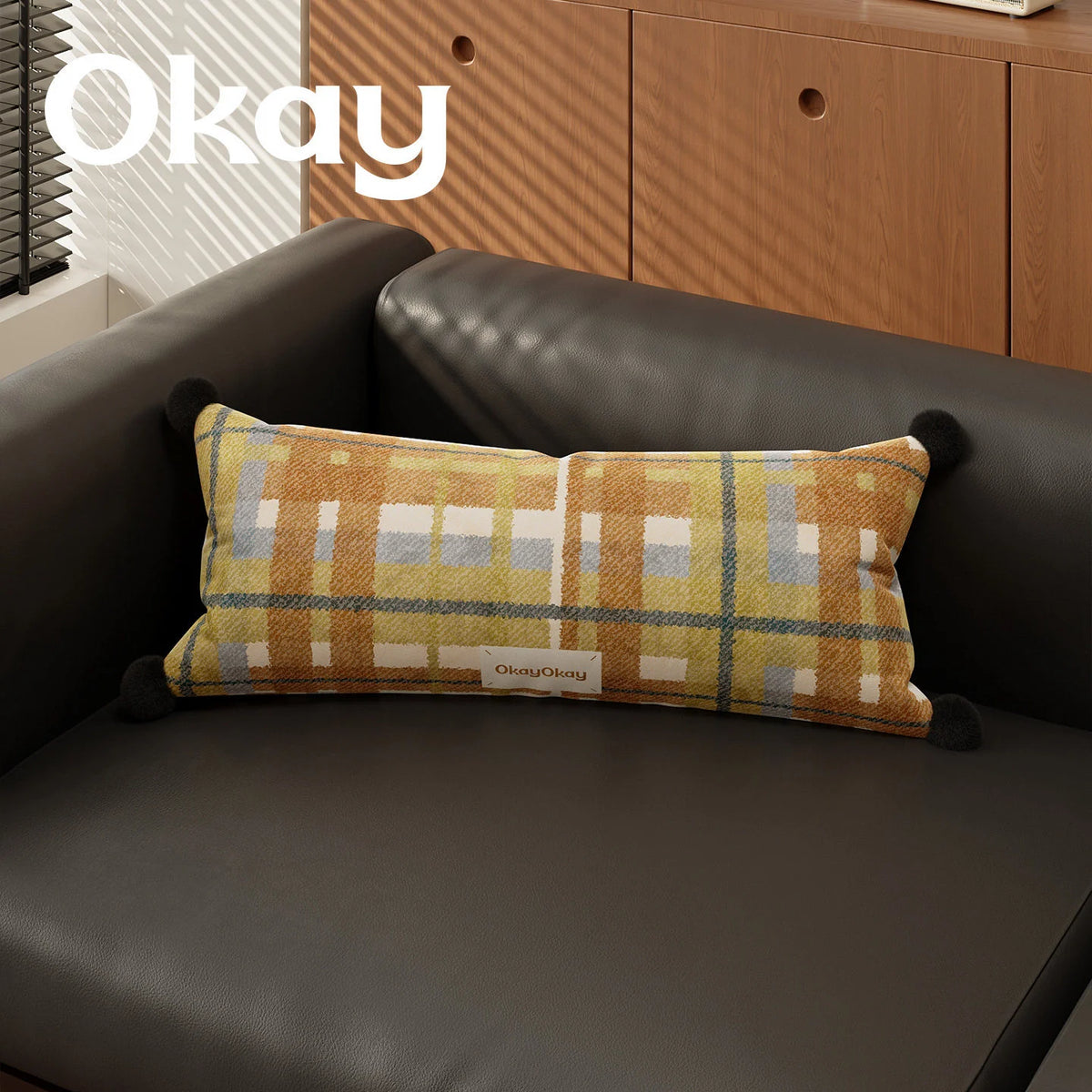 Lumbar Pillow Cover Plaid Woven Pom-Pom Hidden Zipper