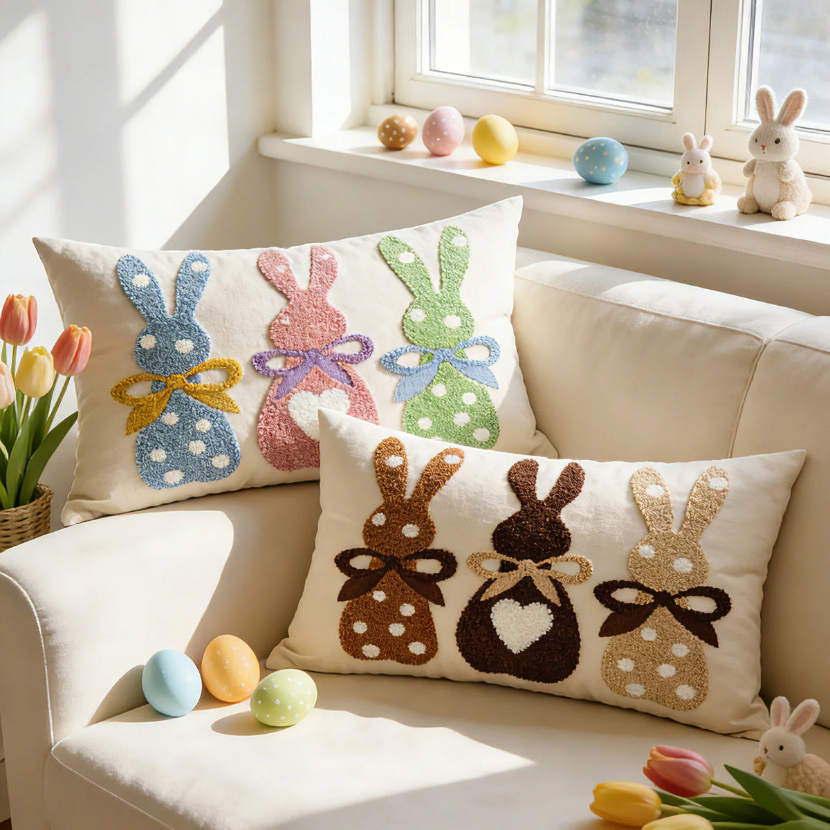 Lumbar Pillow Cover Tufted Bunny Appliqué Cotton-Linen Blend