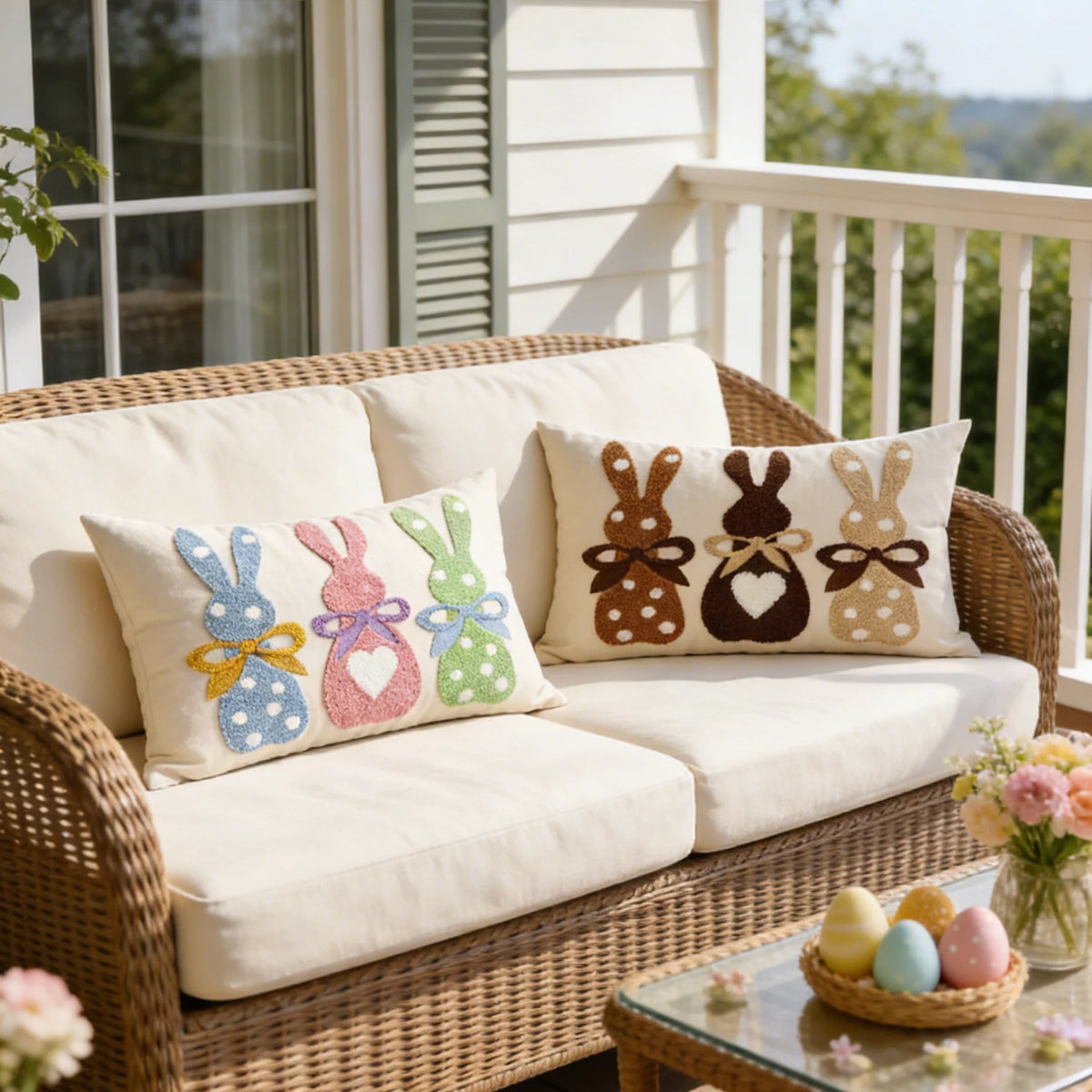Lumbar Pillow Cover Tufted Bunny Appliqué Cotton-Linen Blend