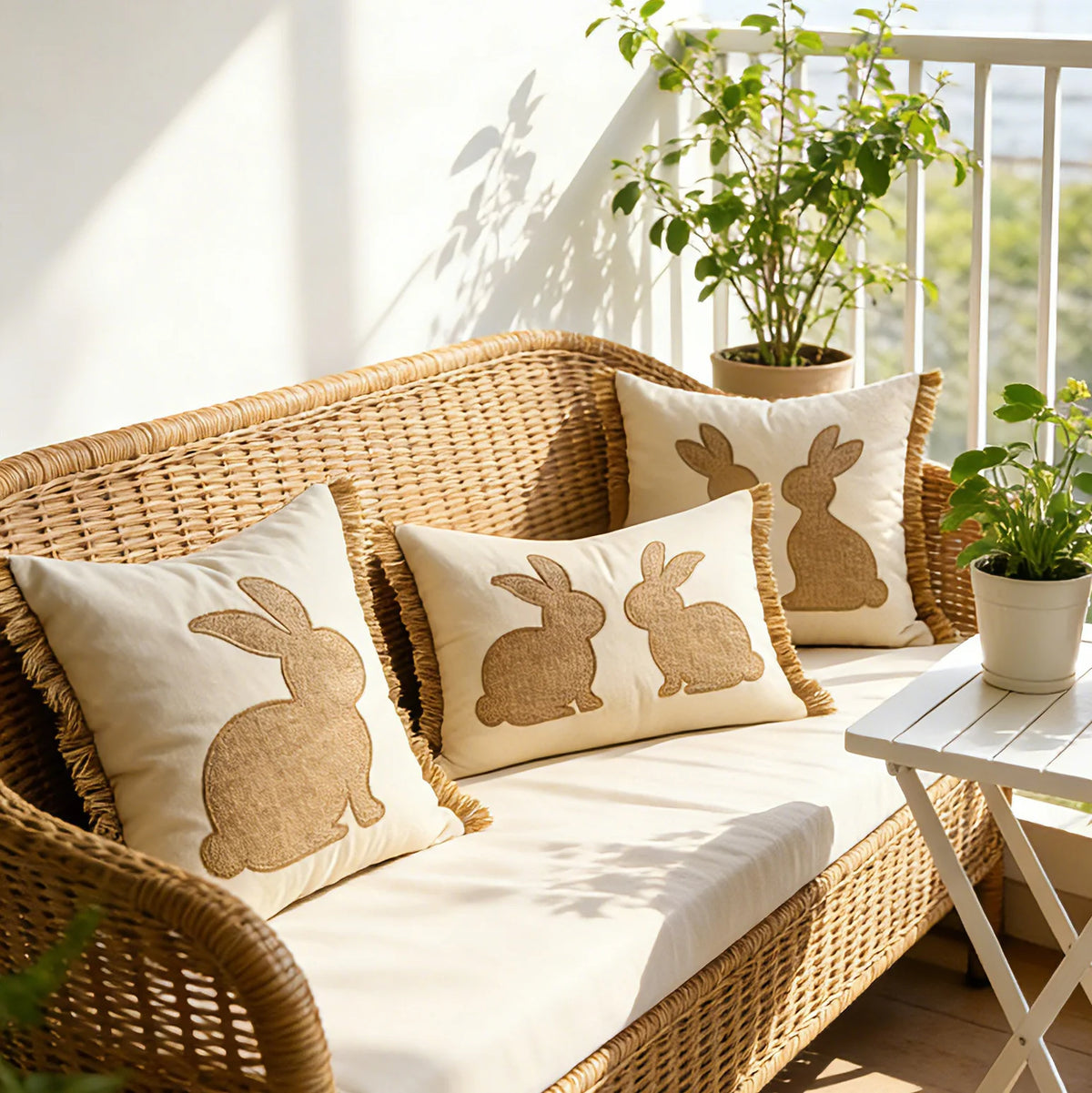 Lumbar Pillow Cover Tufted Bunny Applique & Hidden Zipper