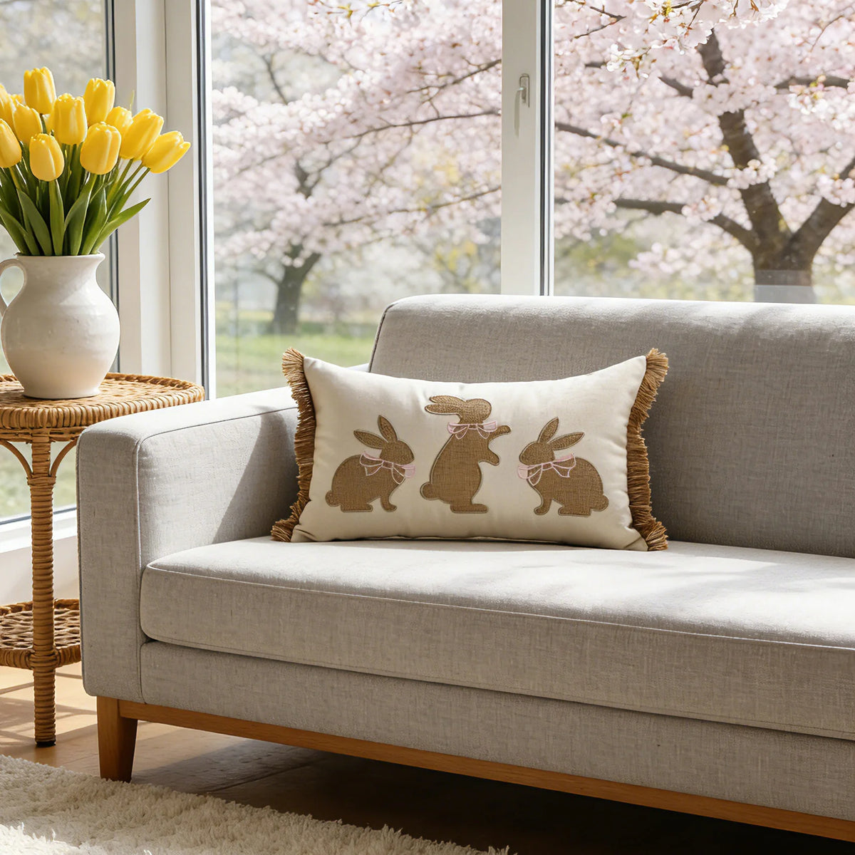 Lumbar Pillow Cover Tufted Bunny Applique & Hidden Zipper