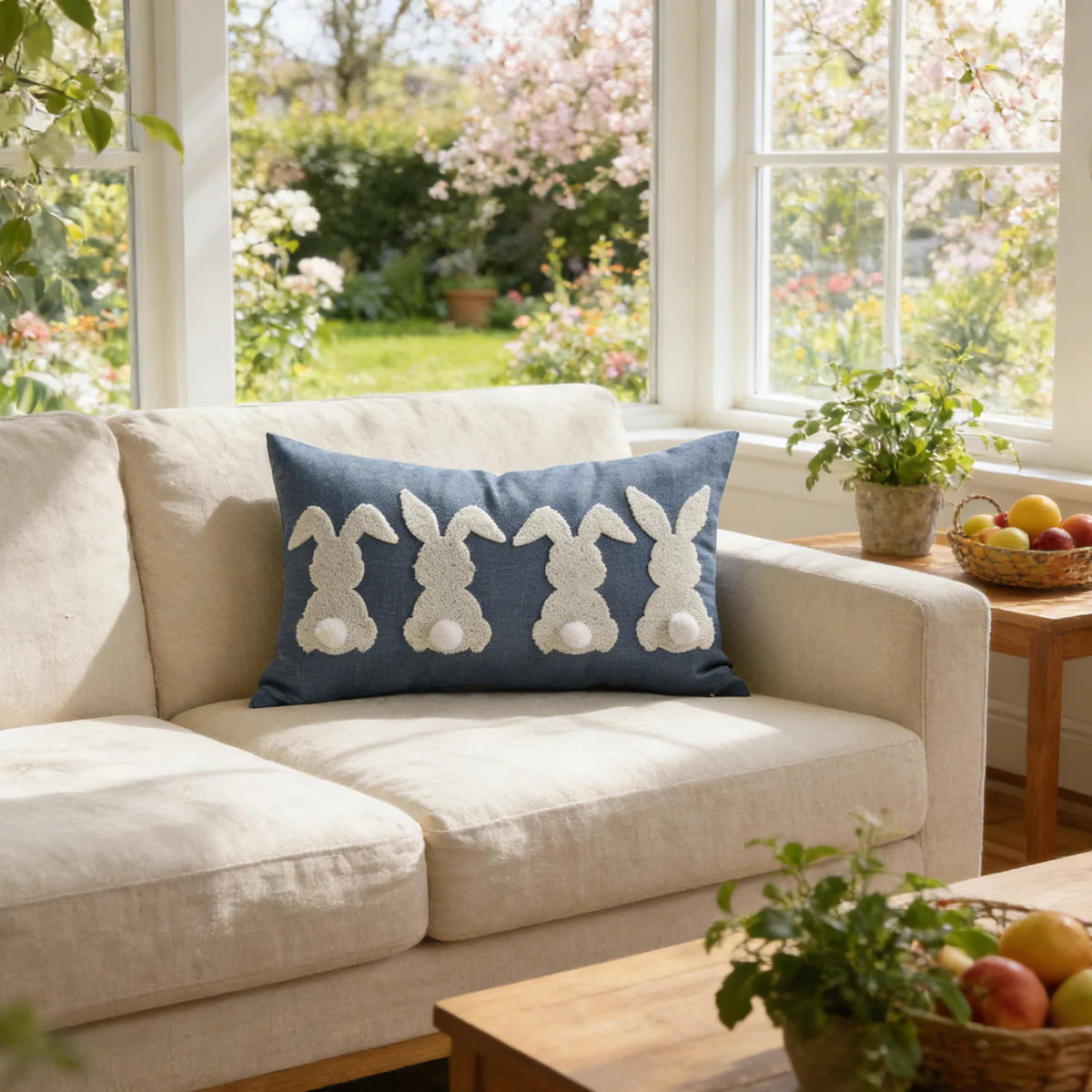 Lumbar Pillow Cover Tufted Bunny Applique & Hidden Zipper