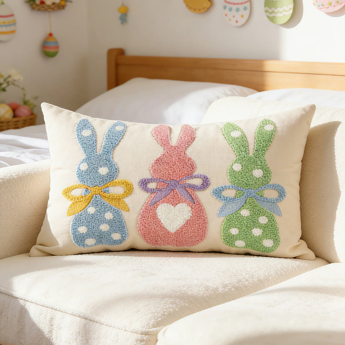 Lumbar Pillow Cover Tufted Bunny Applique & Hidden Zipper