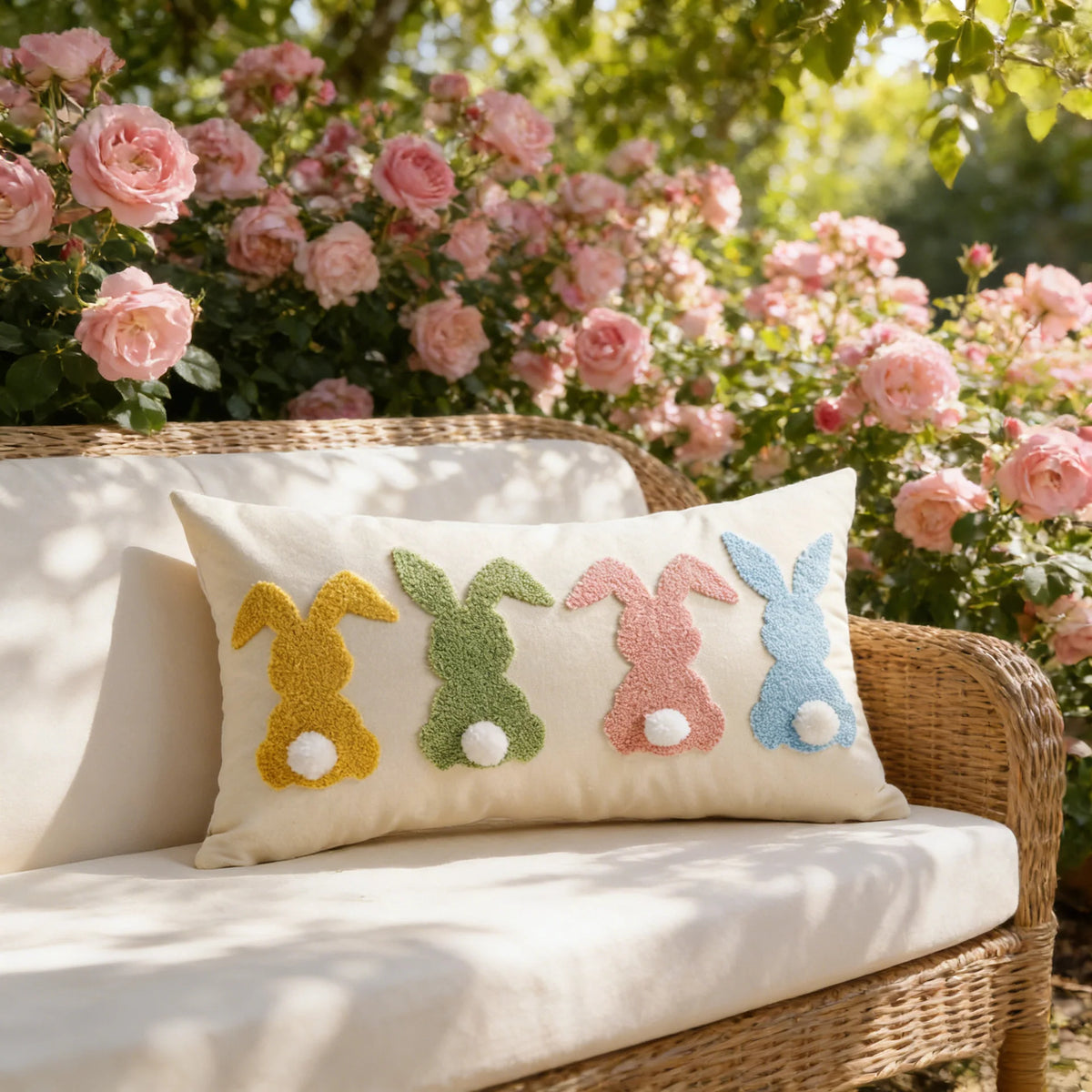 Lumbar Pillow Cover Tufted Bunny Applique & Hidden Zipper