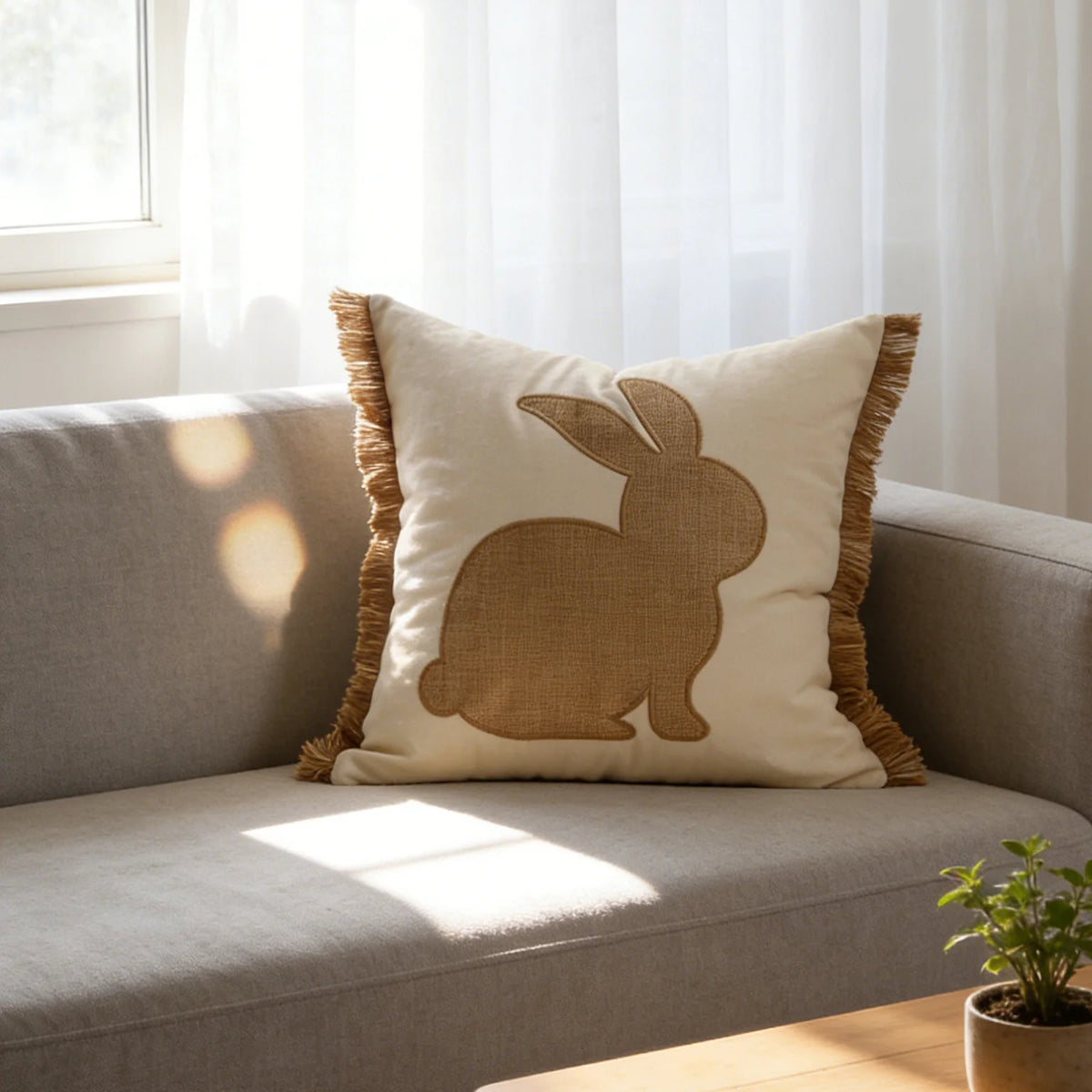 Lumbar Pillow Cover Tufted Bunny Applique & Hidden Zipper