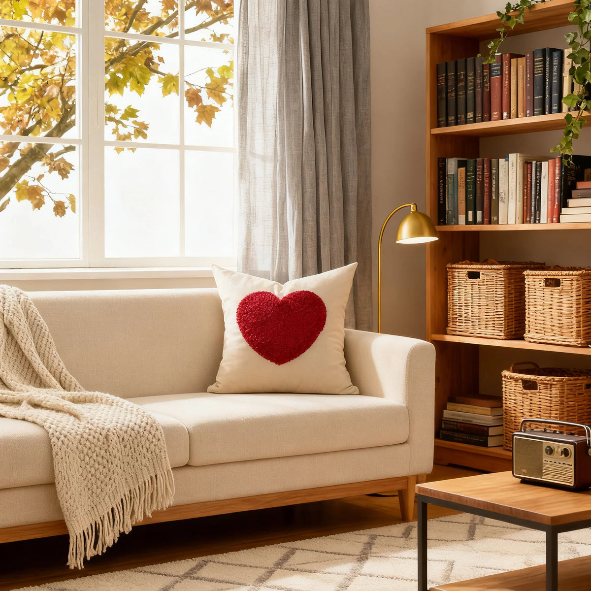 Lumbar Pillow Cover Tufted Heart Design Cotton-Linen Hidden Zipper