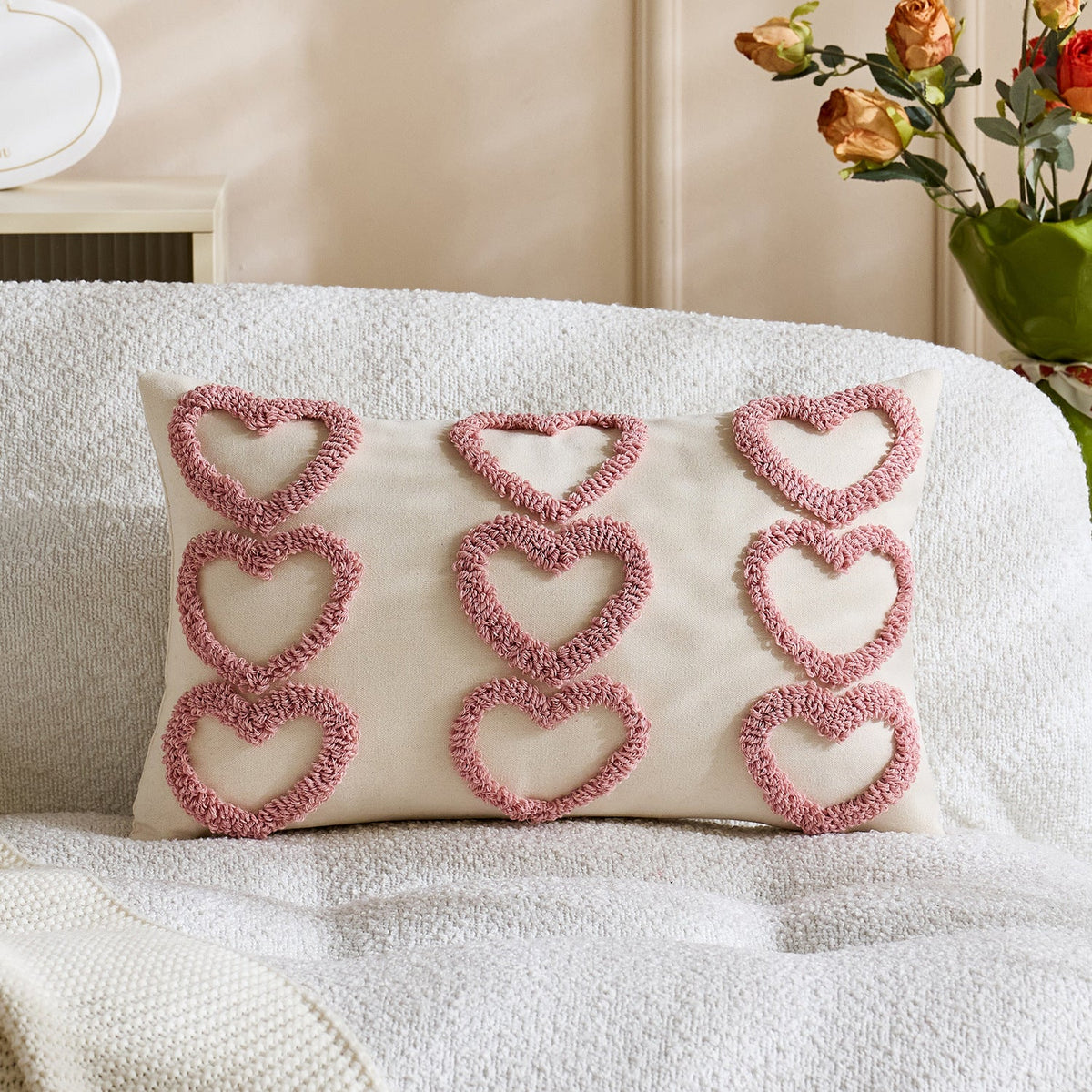Lumbar Pillow Cover Tufted Heart Design Cotton-Linen Hidden Zipper