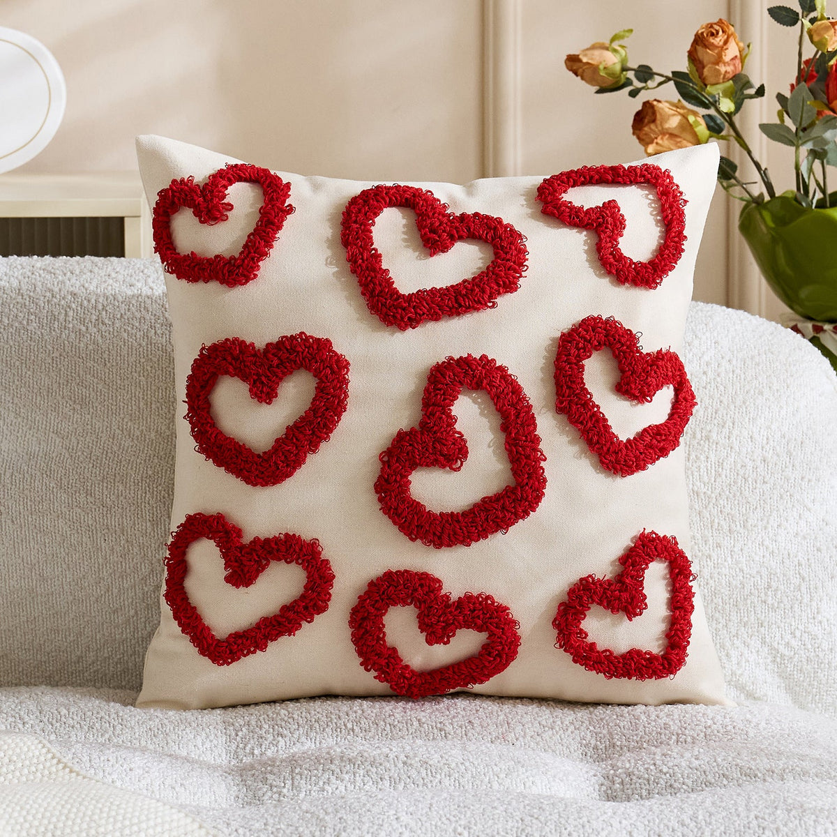 Lumbar Pillow Cover Tufted Heart Design Cotton-Linen Hidden Zipper