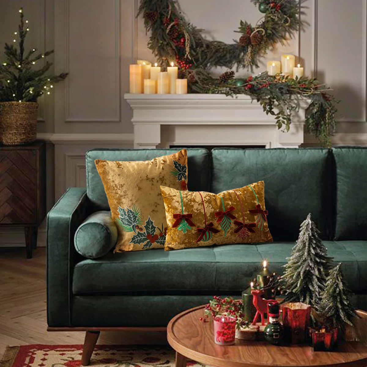 Lumbar Pillow Cover Velvet Embroidered Snowflakes & Velvet Bows