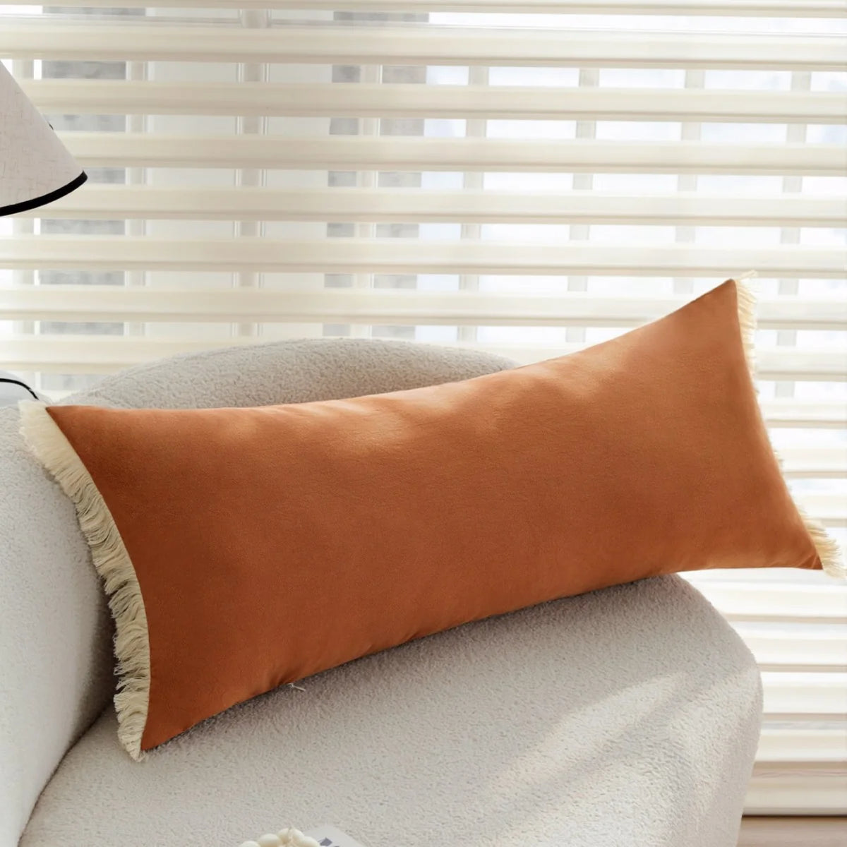 Lumbar Pillow Cover Velvet-Look Microfiber Fringed Edges