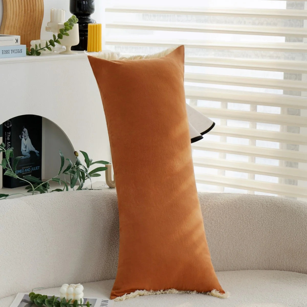 Lumbar Pillow Cover Velvet-Look Microfiber Fringed Edges