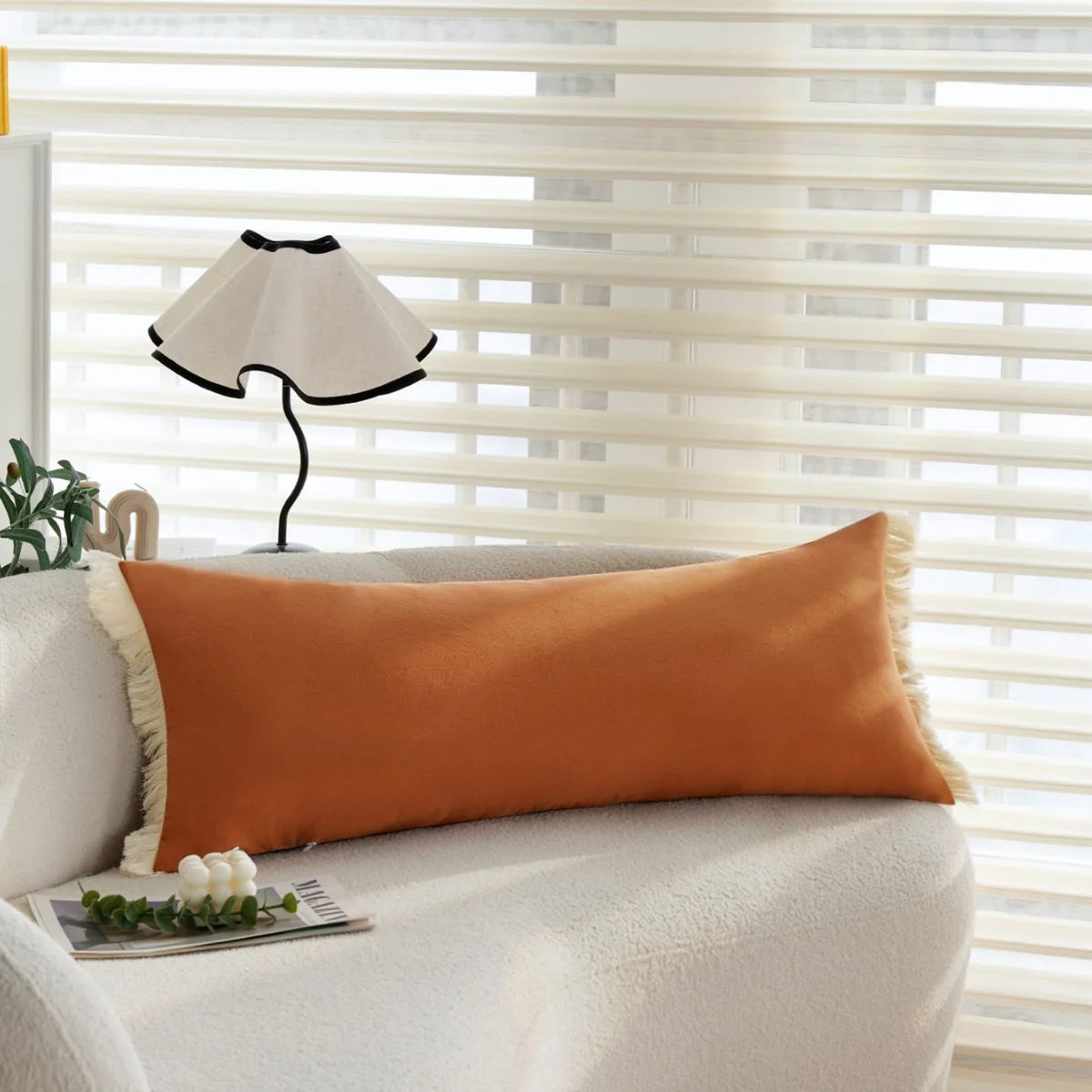 Lumbar Pillow Cover Velvet-Look Microfiber Fringed Edges