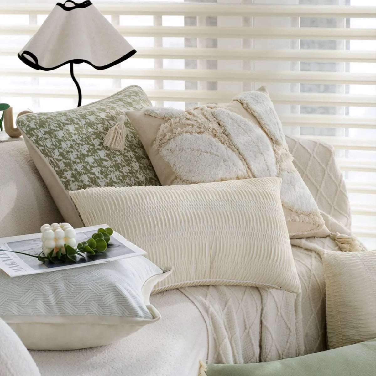 Lumbar Pillow Cover Velvety Microvelour Fringed Edges Concealed Zipper