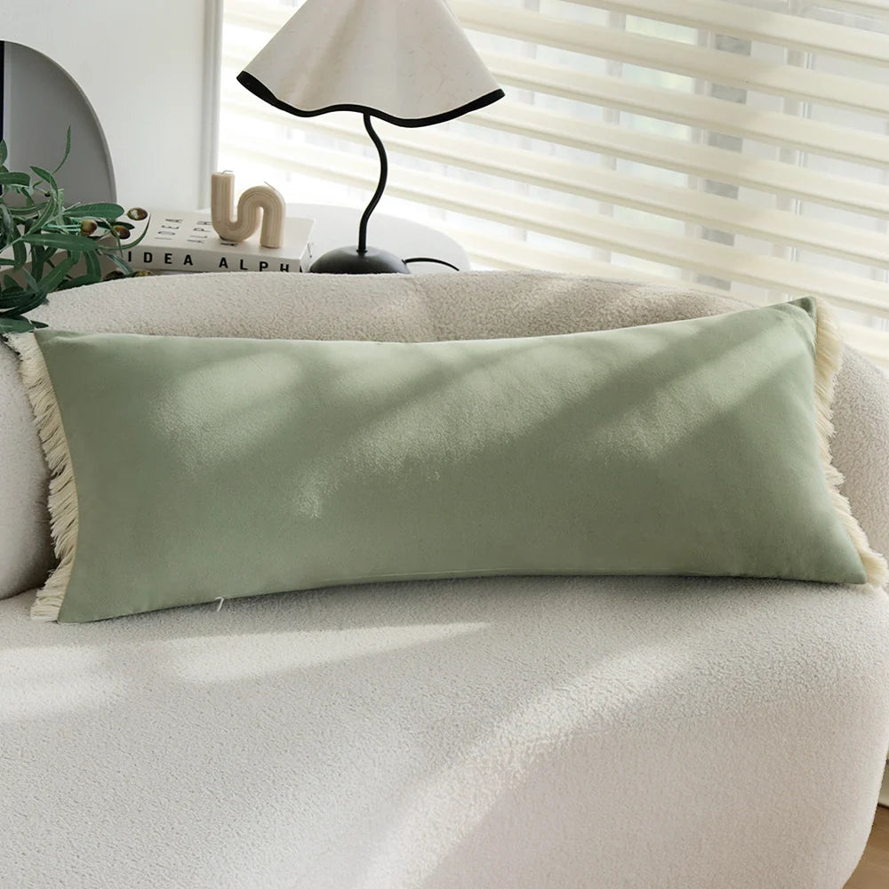 Lumbar Pillow Cover Velvety Microvelour Fringed Edges Concealed Zipper