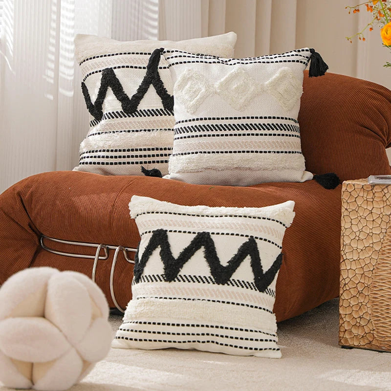 Lumbar Pillow Cover Woven Cotton-Blend Tufted Diamond & Tassels
