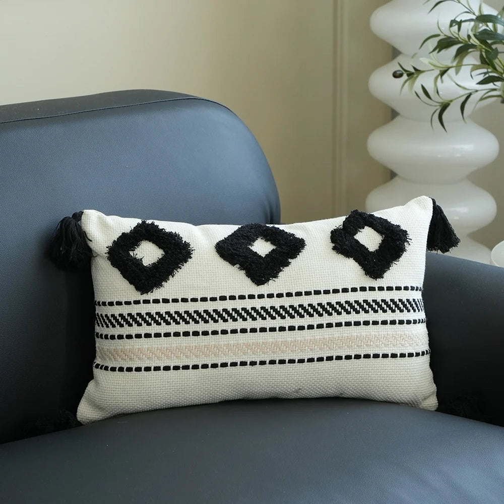 Lumbar Pillow Cover Woven Cotton-Blend Tufted Diamond & Tassels