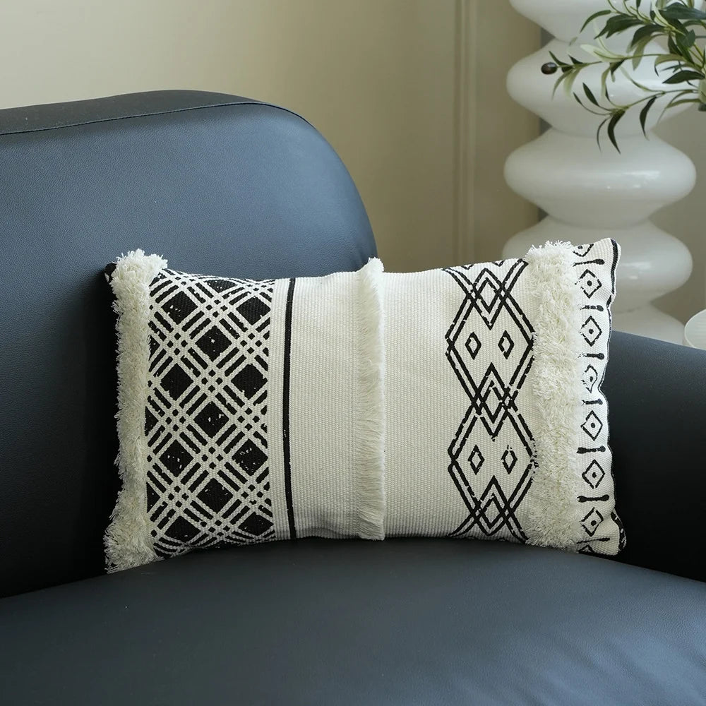 Lumbar Pillow Cover Woven Cotton-Blend Tufted Diamond & Tassels