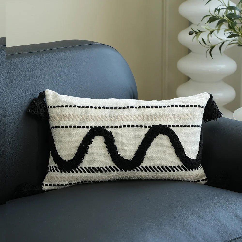 Lumbar Pillow Cover Woven Cotton-Blend Tufted Diamond & Tassels