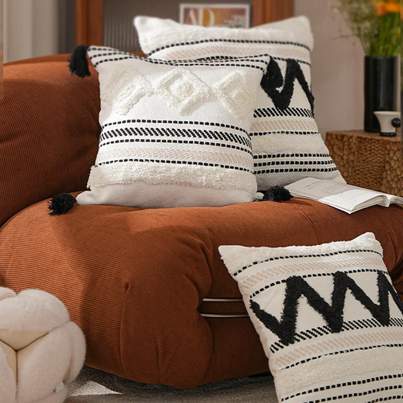 Lumbar Pillow Cover Woven Cotton-Blend Tufted Diamond & Tassels