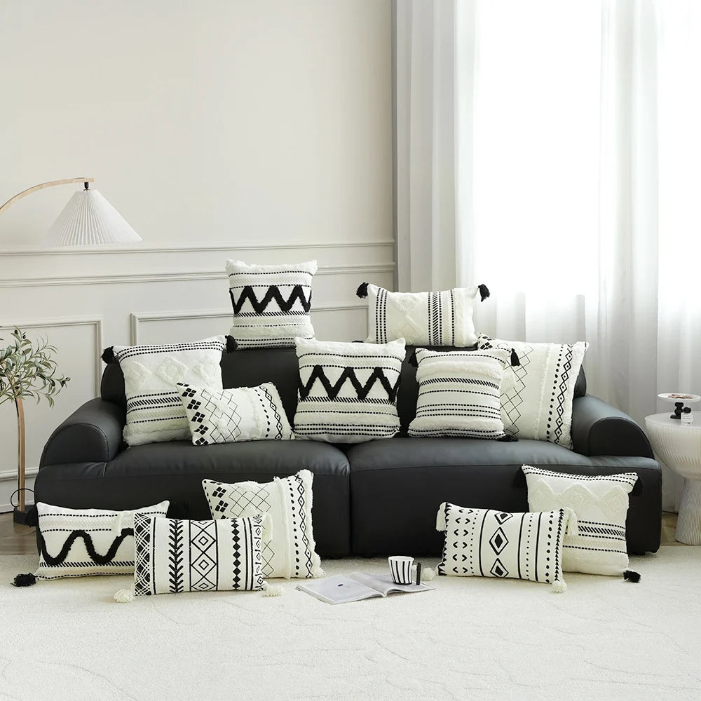 Lumbar Pillow Cover Woven Cotton-Blend Tufted Diamond & Tassels