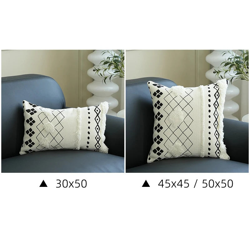 Lumbar Pillow Cover Woven Cotton-Blend Tufted Diamond & Tassels