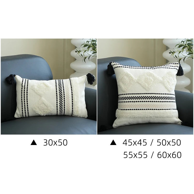 Lumbar Pillow Cover Woven Cotton-Blend Tufted Diamond & Tassels