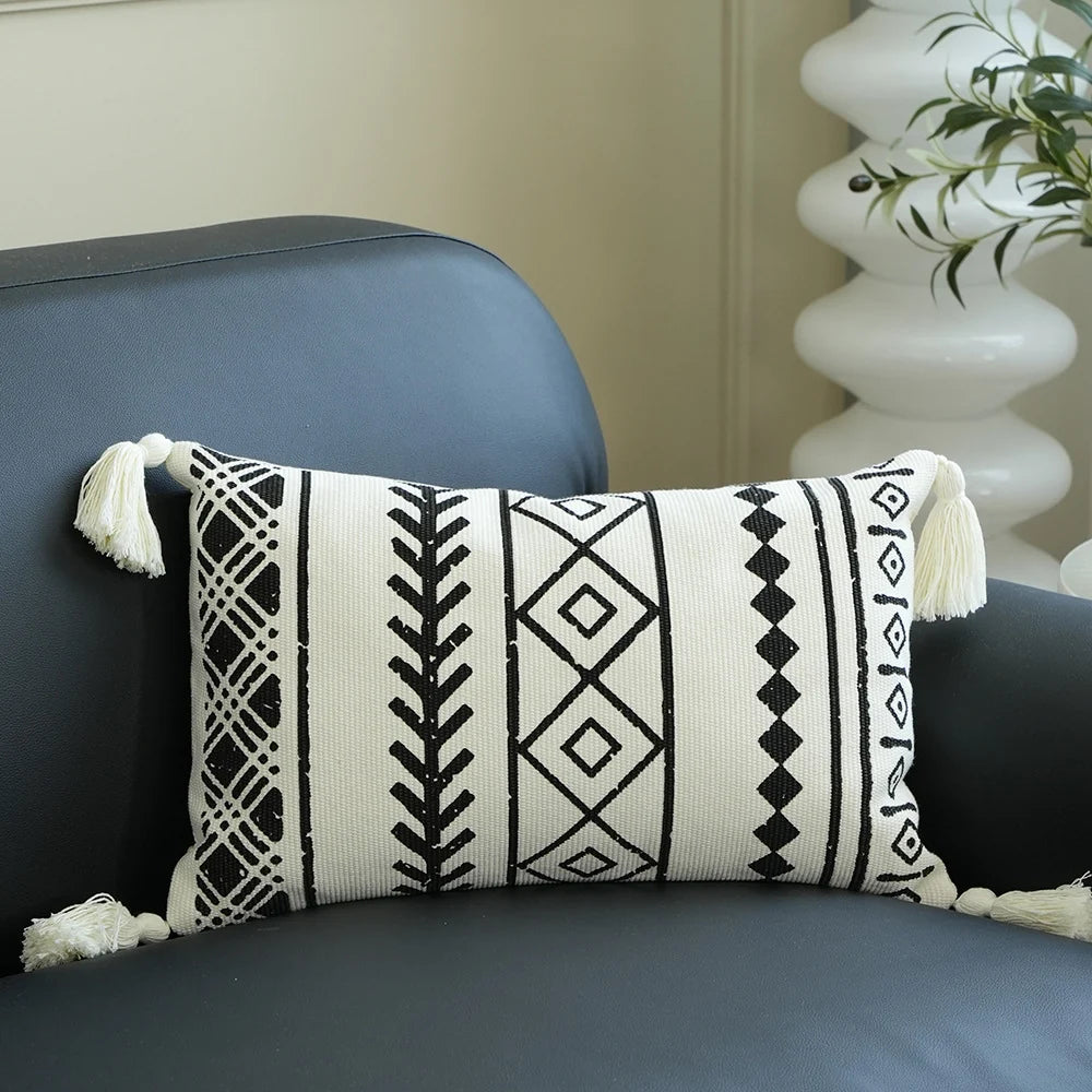 Lumbar Pillow Cover Woven Cotton-Blend Tufted Diamond & Tassels