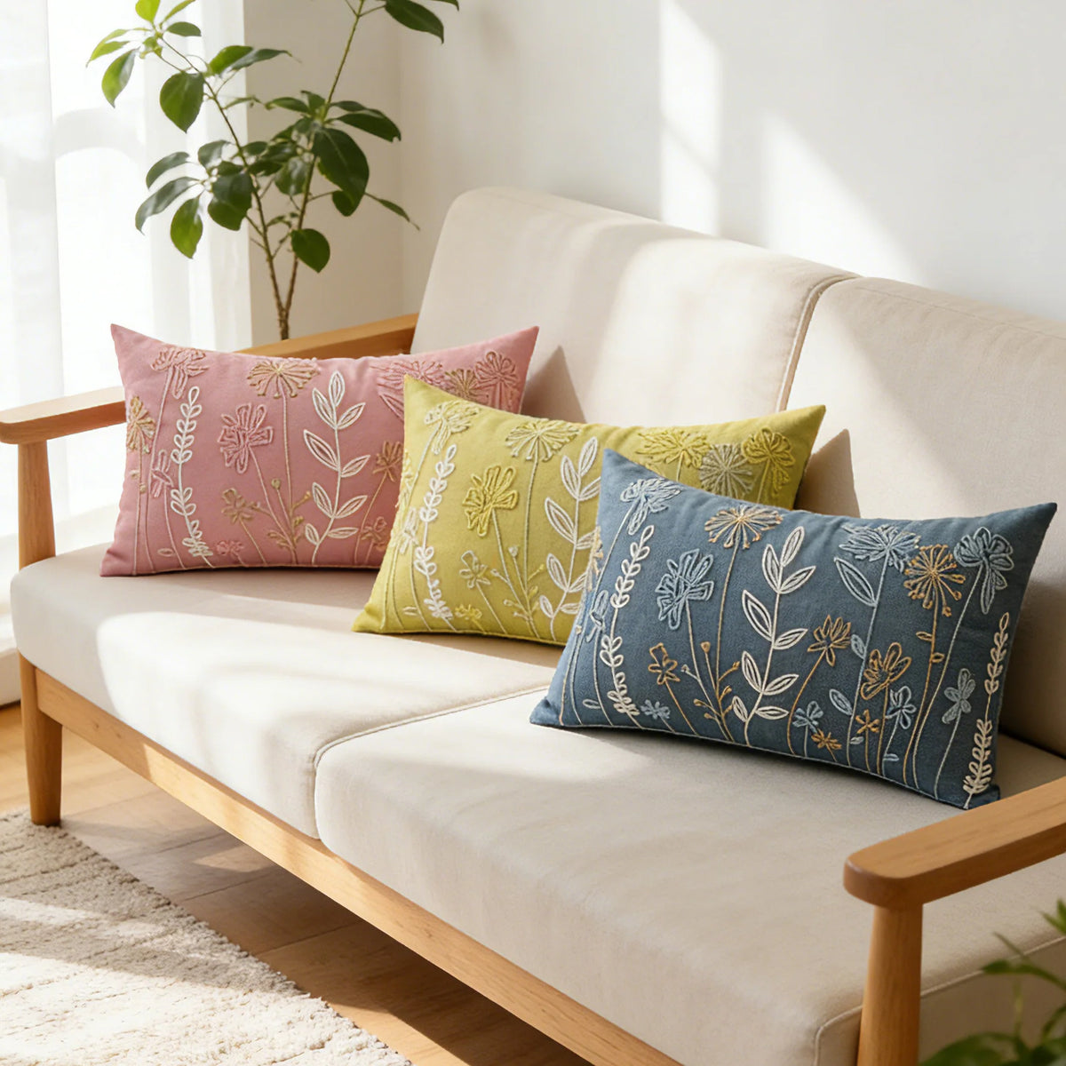 Lumbar Pillow Embroidered Velvet Removable Cover & Hypoallergenic Insert