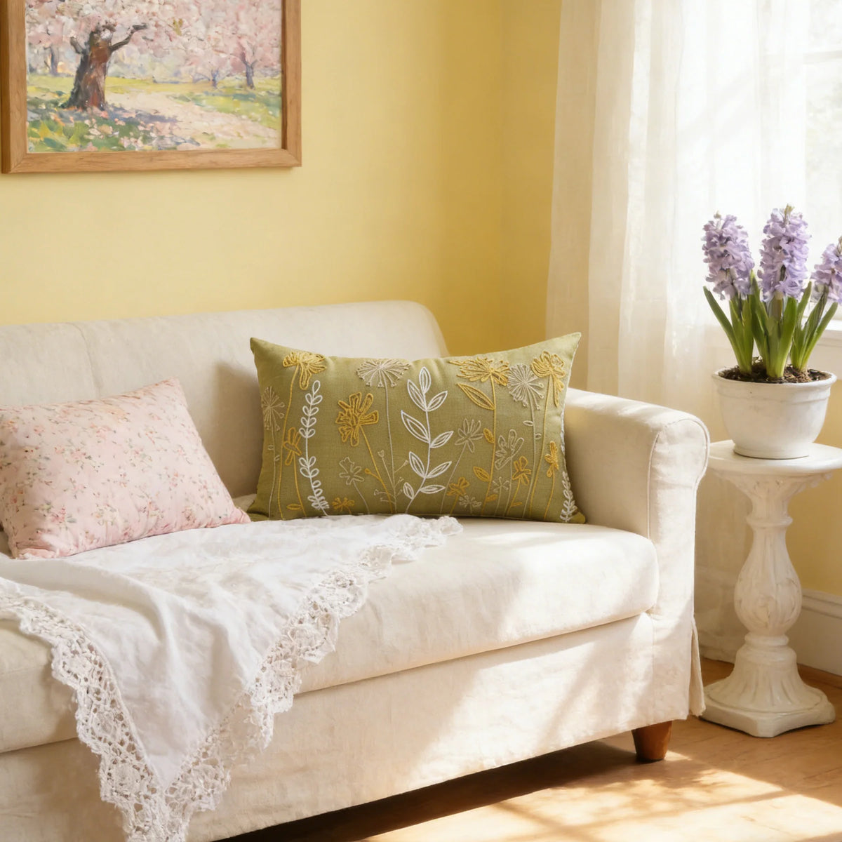 Lumbar Pillow Embroidered Velvet Removable Cover & Hypoallergenic Insert