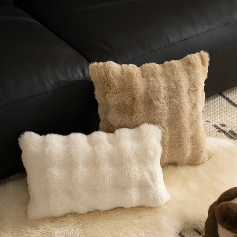 Lumbar Pillow Faux Fur Wavy Quilted 30x50 cm