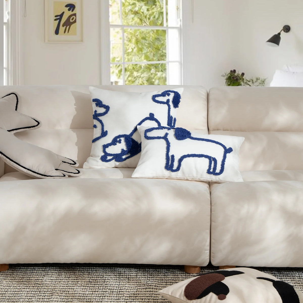 Lumbar Pillow Hand-Tufted Dog Motif Removable Cotton Blend Cover